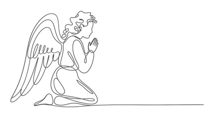Obraz premium A delicate one line drawing depicts a kneeling angel in prayer