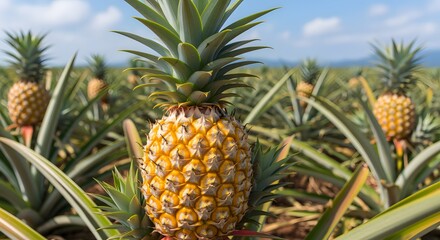 Obraz premium Ripe yellow pineapple with green leaves growing in a tropical plantation under a clear blue sky