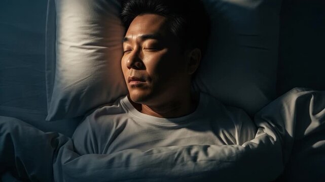 Mature Asian male resting in bed with morning light, sleep disorder and apnea awareness