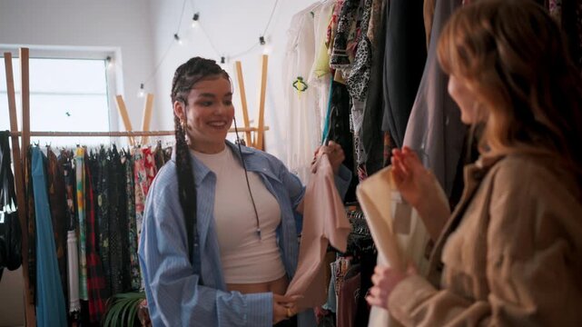 Experienced Personal Shopper Guides Customer Through Busy Clothing Racks With Cheerful Attitude