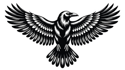 Fototapeta premium A detailed black and white illustration of a raven with wings spread