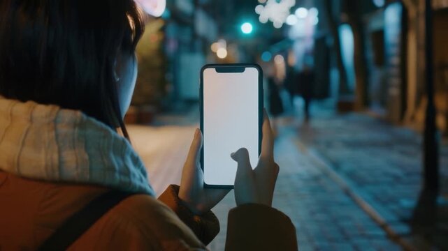 A woman holds a smartphone with a blank screen