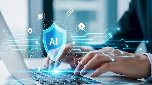 Professional businessman using laptop computer for AI security governance and robust data model protection against cyberspace threats and prompt injection attacks in office desk concept