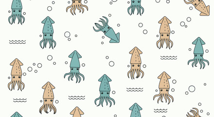 Colorful Cartoon Squid Illustration Pattern. © Marchell