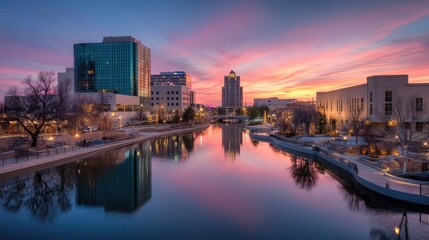 Fototapeta premium A vibrant cityscape at sunset with a calm river reflecting the colorful sky.