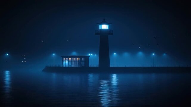 A luminous beacon and adjacent building sit on a pier at night; lights reflect on water