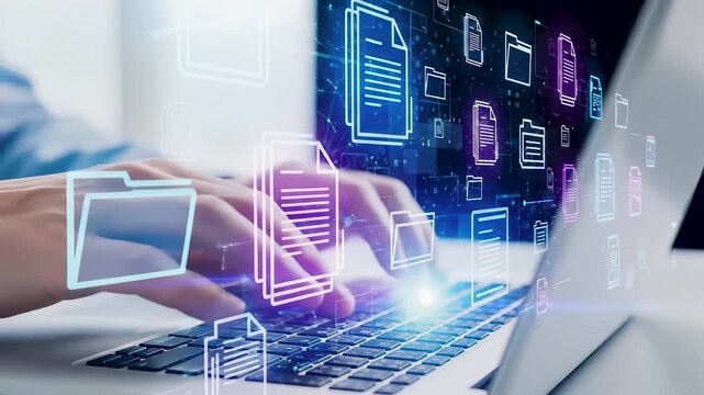 Businessman managing digital document file system on laptop. Virtual data storage archive for business workflow. Electronic information management technology with folder icon.