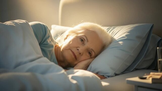 Senior Caucasian woman lying awake in bed with sad expression feeling lonely and pensive