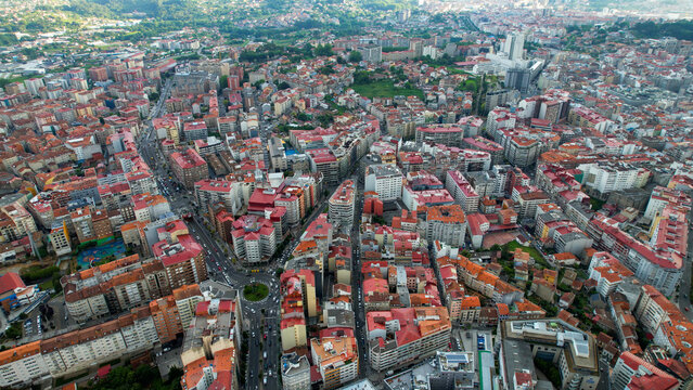  Aerial panoramic view of the city Vigo in Spain on a cloudy summer afternoon.