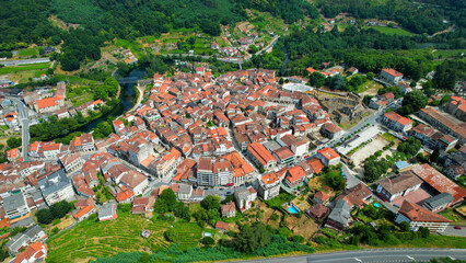  Aerial panoramic view of the downtown in the city Ribadavia in Spain on a cloudy summer afternoon.