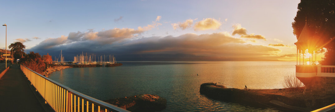 Panorama banner with amazing landscape of Lake Geneva, Switzerland. 