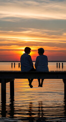 Fototapeta premium Elderly couple watching sunset on a pier, serene moment, peaceful atmosphere, travel and lifestyle concept