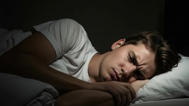 Young Caucasian Man Suffering from Night Terrors and Sleep Paralysis in Dark Bedroom