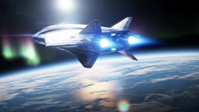 A sleek silver spaceship flies over a glowing blue and white planet