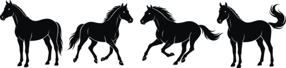 Obraz premium Black and white flat vector silhouette collection of horses running galloping and standing for equestrian sport animal racing nature and wildlife farm design elements.