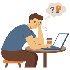 Vector illustration of a stressed and exhausted man working on a laptop at his desk.