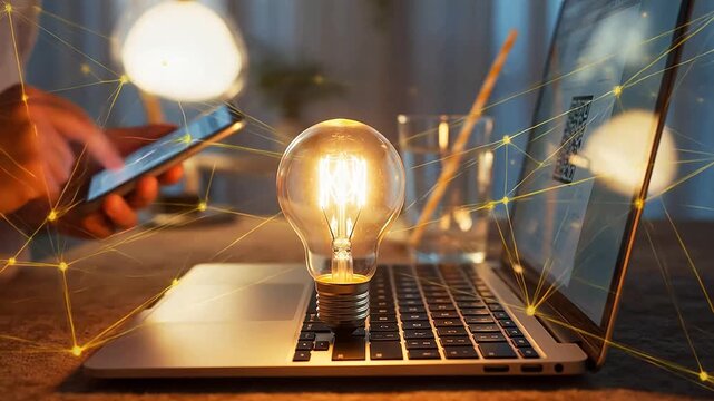 Light bulb on laptop with network connections