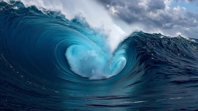 Large ocean wave curling with white foam