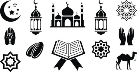 Black and white Islamic culture icon set featuring mosque lantern quran moon stars camel and praying hands for ramadan kareem and religious celebration design. © MdHasanAli