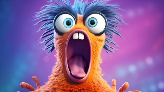 Orange furry monster screaming with surprise wide eyes