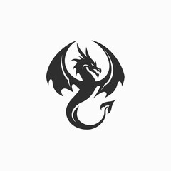 Obraz premium Black dragon silhouette with wings extended on white background