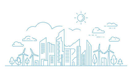 A sustainable cityscape with wind turbines and green buildings under a sunny sky