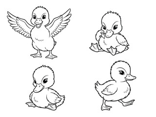 Naklejka premium A charming black and white illustration depicts four adorable ducklings in various poses showcasing their playful and endearing qualities high quality