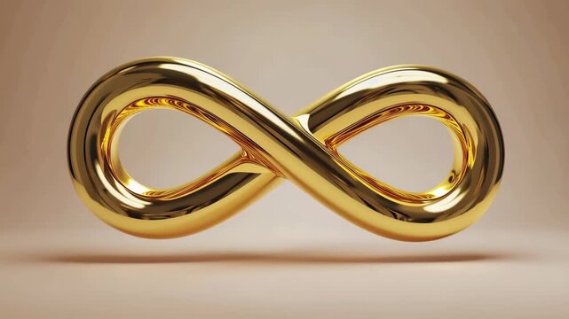 Futuristic golden infinity loop floating in dark space, abstract luxury technology symbol with cinematic lighting and premium futuristic atmosphere
