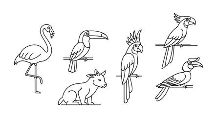 Collection of various exotic birds and a small animal in outline style. © Rara