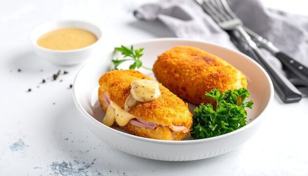 Plate with breaded, stuffed rolls, cheese, ham, sauce, parsley garnish, plus additional sauce bowl and silverware