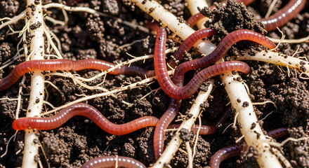 Obraz premium Worms crawl on roots in dark soil environment with earthworms moving