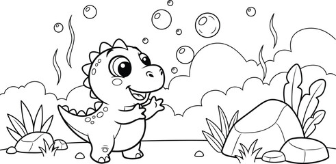 a charming cartoon illustration depicts a cute baby dinosaur playfully blowing bubbles amidst lush vegetation and rocks high quality professional detailed © eas2021gkr