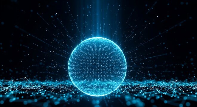 Glowing sphere emitting lines of light in a dark, interconnected network
