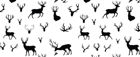 Black deer and reindeer silhouette pattern with various stag head and antler elements isolated on white background for winter holiday design. © NR