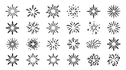 A collection of hand-drawn starburst and snowflake designs for festive decoration and branding