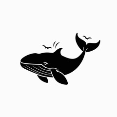 Obraz premium Black and white silhouette of a whale and birds on a white background