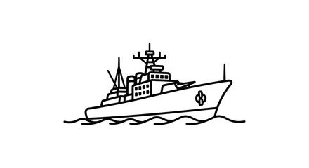 Outline illustration of a modern warship sailing on the sea, simple line art © difka