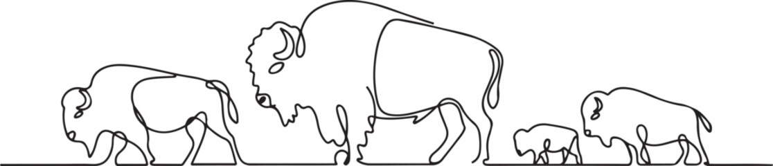 Buffalo Herd in the Wild – Minimalist Line Art Illustration. one line art icon drawing vector © MDROBIUL