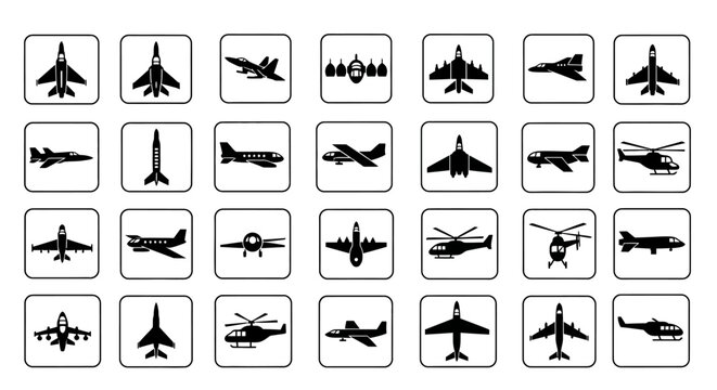 Set of Aircraft Icons: Jets, Helicopters, Planes, and Airplanes - Vector Graphics