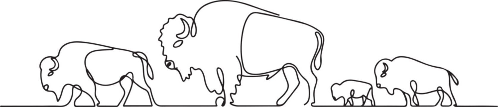 Buffalo Herd in the Wild &ndash; Minimalist Line Art Illustration. one line art icon drawing vector