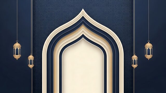 Elegant islamic archway design with lanterns and gradient background