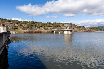 Obraz premium Water release, due to heavy rains, at the El Villar Dam in the province of Madrid, Spain
