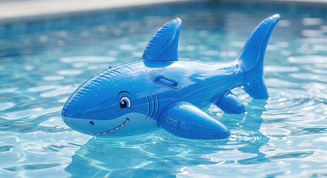 Blue inflatable shark pool float on clear water, cute cartoon swimming toy for summer vacation, fun pool party inflatable for kids beach holiday.