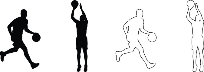 Basketball player silhouettes dribbling running and shooting ball sport athlete action poses vector illustration set © Art_By_Shoriphul