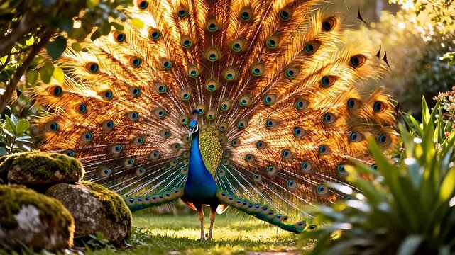 Peacock with Fanned Tail in Garden