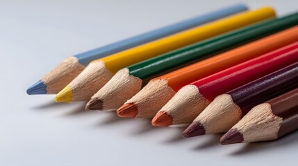 Obraz premium A row of sharpened colored pencils in various vibrant colors arranged diagonally on a clean white background showing detailed texture
