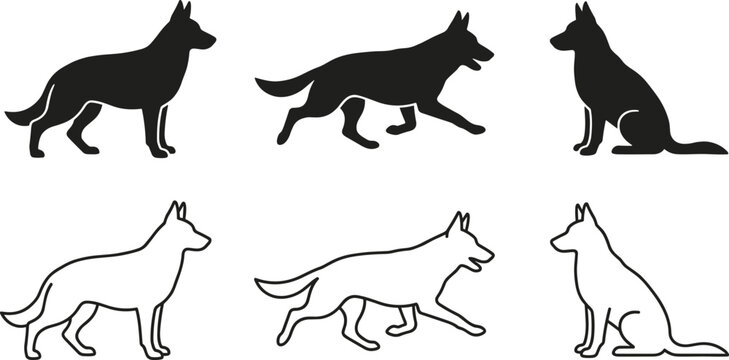 German Shepherd dog silhouette and outline set showing standing, running and sitting poses isolated minimal vector illustration collection
