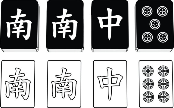 Mahjong tiles icons set with Chinese characters and circle suit symbols traditional board game pieces outline and silhouette vector