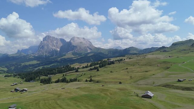 Aerial view of the Sassolungo Group from the Alpe di Siusi. South Tyrol, Italy