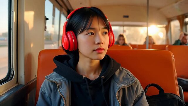 Young woman wearing headphones on bus